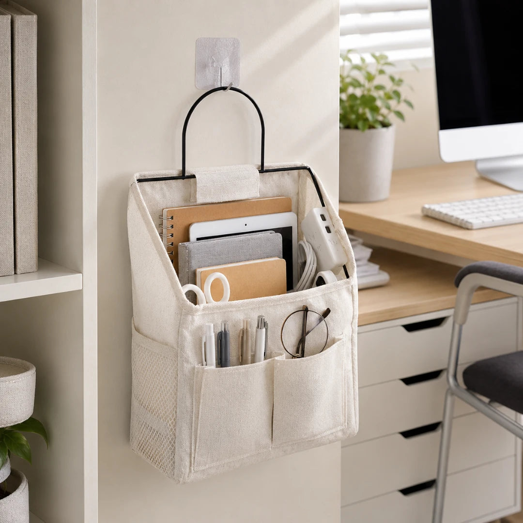 A beige fabric desk organizer hanging from a clear hook on a wall in a home office setting, holding notebooks, pens, scissors, and other office supplies.