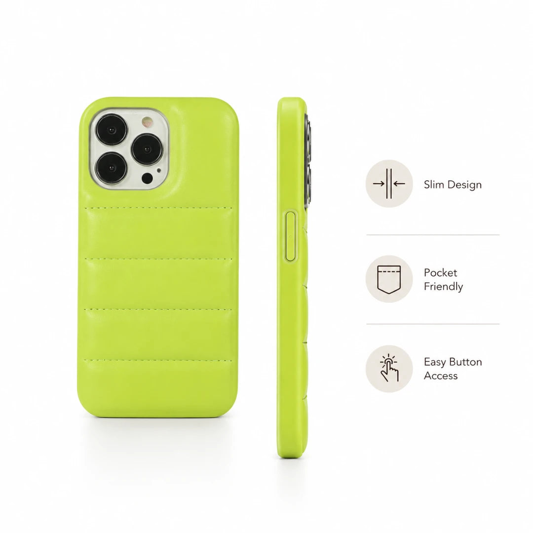 Green phone case with features on a white background