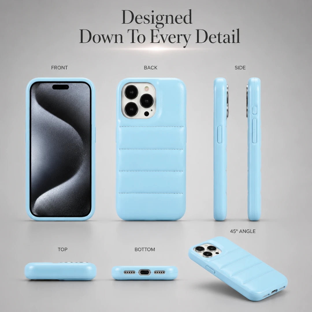 Light blue phone case shown from multiple angles on a gray background