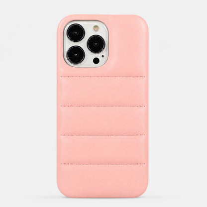 Pink phone case with card holder on a light gray background