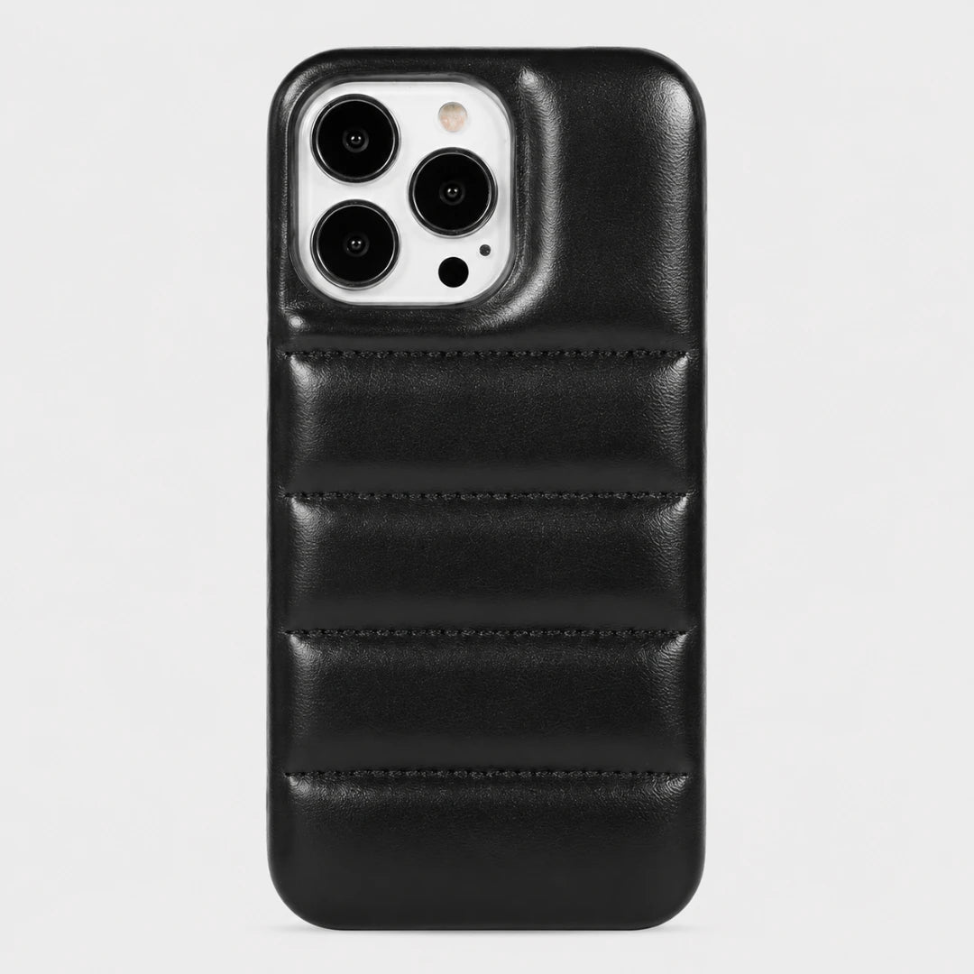 Black leather phone case with stitching detail on a light gray background