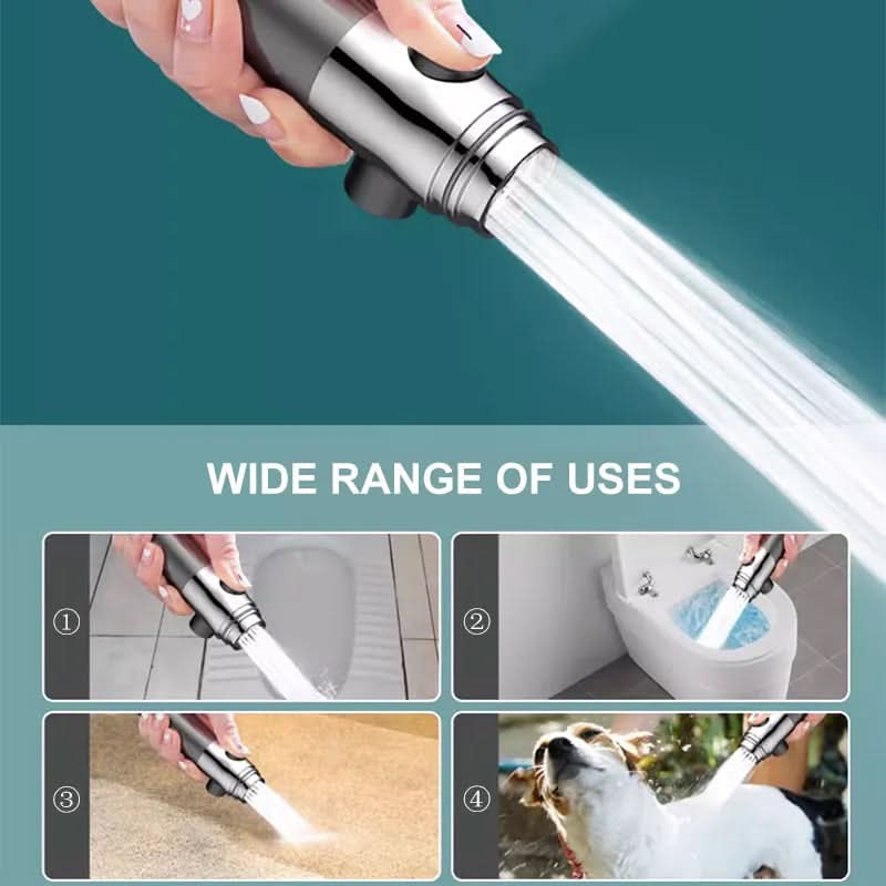 Handheld shower head with water spraying, shown in various uses on a teal background.