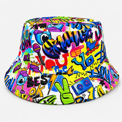 Josh & Tate - PrintedBucket™ Graffiti  Hat - A bucket hat featuring a vibrant, all-over graffiti-style graphic print with bold text, cassette tapes, peace signs, and colorful pop-art elements on a white base.