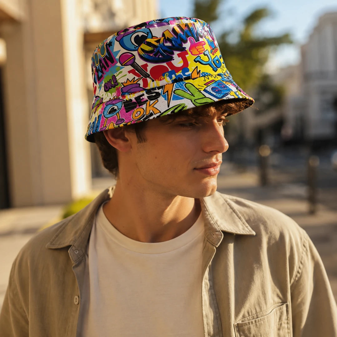 Josh & Tate - PrintedBucket™ Graffiti  Hat - A man wearing a colorful graffiti-print bucket hat, standing outdoors in a sunny urban setting.