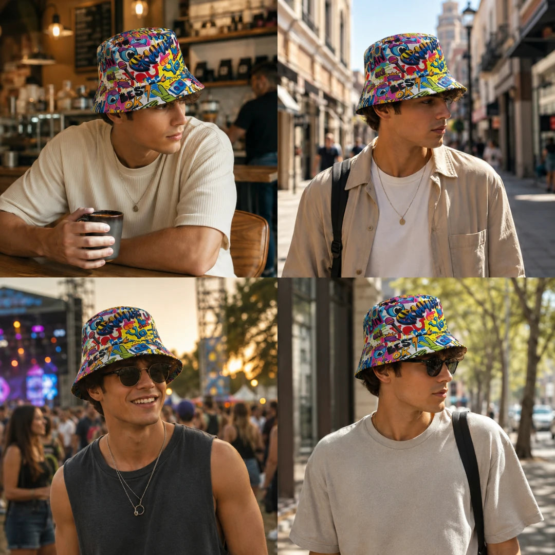 Josh & Tate - PrintedBucket™ Graffiti  Hat - A four-panel collage showing a man wearing a colorful floral bucket hat in different outdoor and cafe settings. The hat features a dense multicolor print with pink, blue, yellow, green, and purple tones.