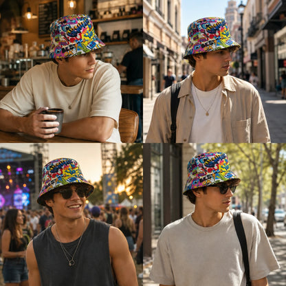Josh & Tate - PrintedBucket™ Graffiti  Hat - A four-panel collage showing a man wearing a colorful floral bucket hat in different outdoor and cafe settings. The hat features a dense multicolor print with pink, blue, yellow, green, and purple tones.
