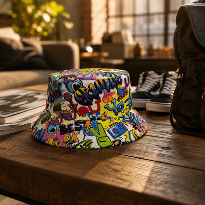 Josh & Tate - PrintedBucket™ Graffiti  Hat - A bucket hat covered in a colorful graffiti-style graphic print sits on a rustic wooden table in a warm, sunlit room. A black bag, black-and-white sneakers, and magazines are visible around it, creating a cozy lifestyle setting.