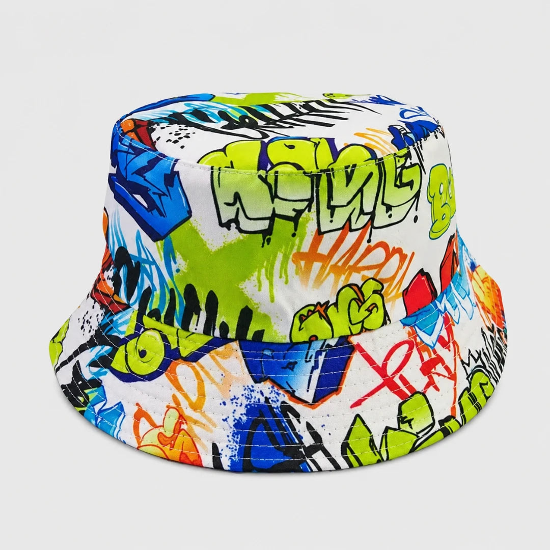 Josh & Tate - PrintedBucket™ Graffiti  Hat - A white bucket hat covered in a vibrant graffiti-style print with green, blue, orange, red, and black spray-paint effects, shown against a light gray background.