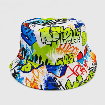 Josh & Tate - PrintedBucket™ Graffiti  Hat - A white bucket hat covered in a vibrant graffiti-style print with green, blue, orange, red, and black spray-paint effects, shown against a light gray background.