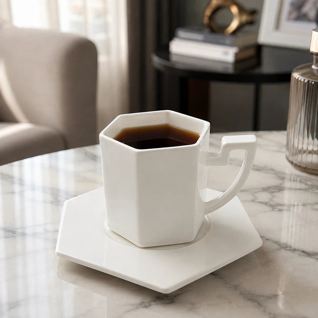 Josh & Tate - PrismCup™ Hexagon Cup & Saucer - A white hexagonal ceramic mug filled with black coffee sits on a matching white saucer on a marble table, with a softly blurred living room background.
