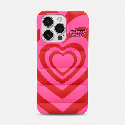 Josh & Tate - PuffHeart™ Quilted iPhone Case - Phone case with pink and red heart pattern on a white background
