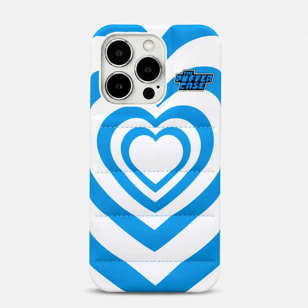 Josh & Tate - PuffHeart™ Quilted iPhone Case - Phone case with blue and white heart pattern on a white background