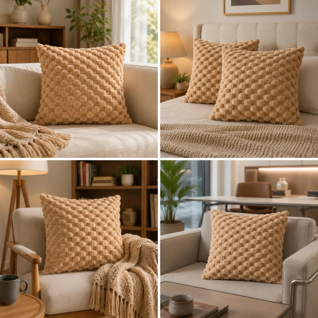 Josh & Tate -PuffKnot™ Bobble Cushion Cover - A four-panel collage showing a textured tan throw pillow styled on sofas in a living room setting, with matching knit blankets and warm indoor lighting.