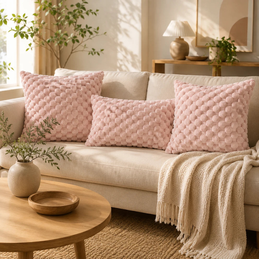 Josh & Tate- PuffKnot™ Bobble Cushion Cover - Three light pink textured throw pillows arranged on a cream sofa in a warm, sunlit living room with a wooden coffee table, vase, and plants.
