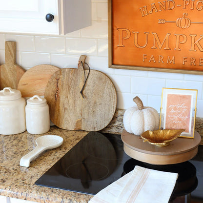 Josh & Tate - Pumpkin Wooden Cutting Board - Decorative kitchen scene with pumpkins, cutting boards, and a 'Hand-Picked Pumpkin Farm Fresh' sign.