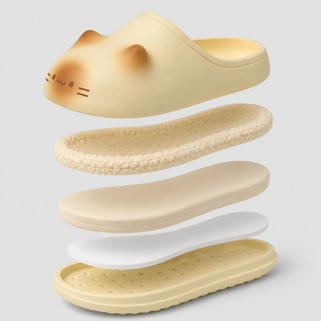 Josh &Tate - PurrPad™ Cozy Cat-Face Slippers - A cute cat-shaped slip-on shoe shown in an exploded view, revealing its layered construction: a cream-colored plush inner lining, a beige footbed, a white cushion, and a light yellow outsole. The top features a molded cat head design in a soft cream and light brown color, with simple black line art for whiskers.