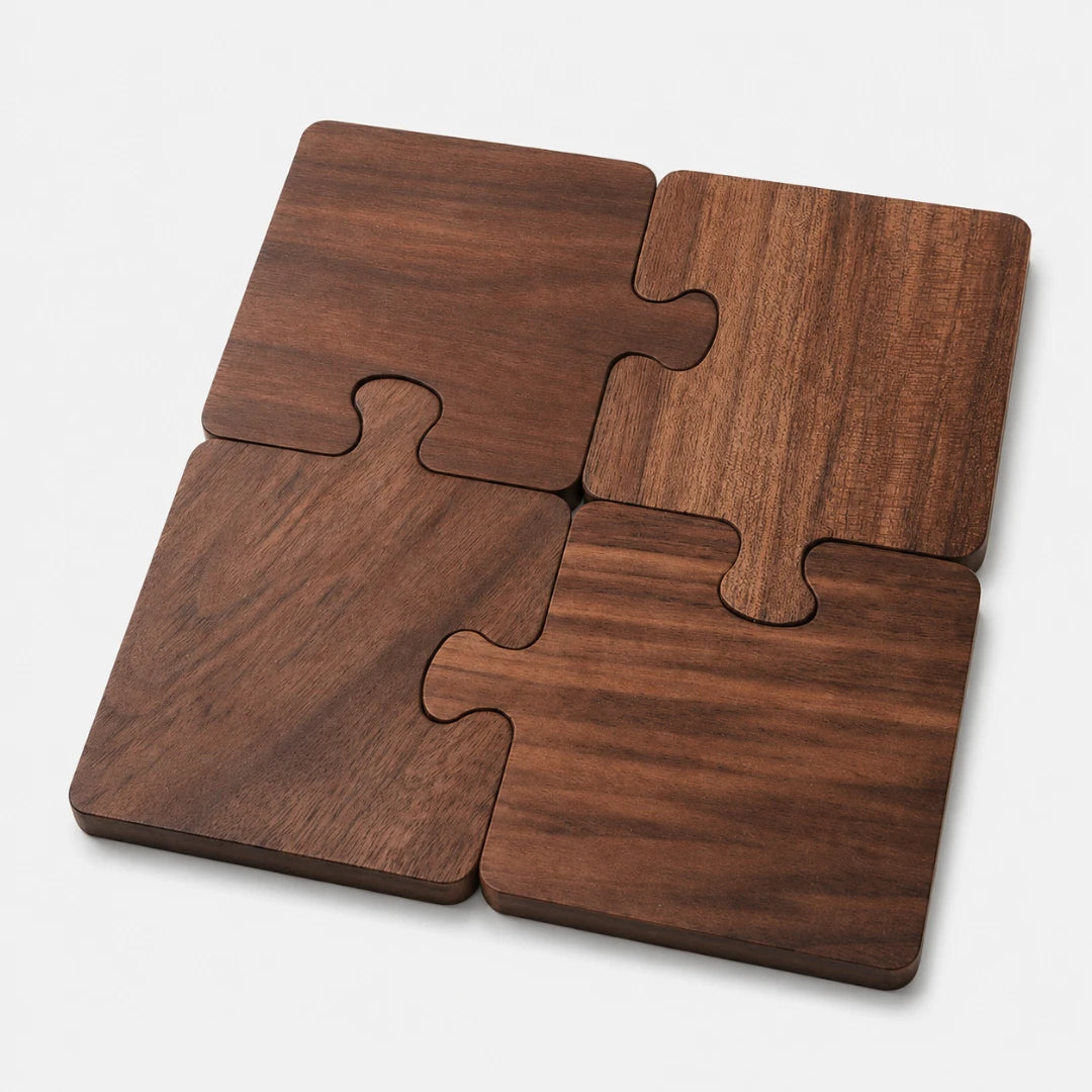 Josh & Tate - PuzzleDeck™ Wood Jigsaw Coasters - Four interlocking square wooden coasters with a dark brown wood grain finish, arranged in a puzzle-like pattern on a light gray background.