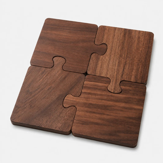 Josh & Tate - PuzzleDeck™ Wood Jigsaw Coasters - Four interlocking square wooden coasters with a dark brown wood grain finish, arranged in a puzzle-like pattern on a light gray background.