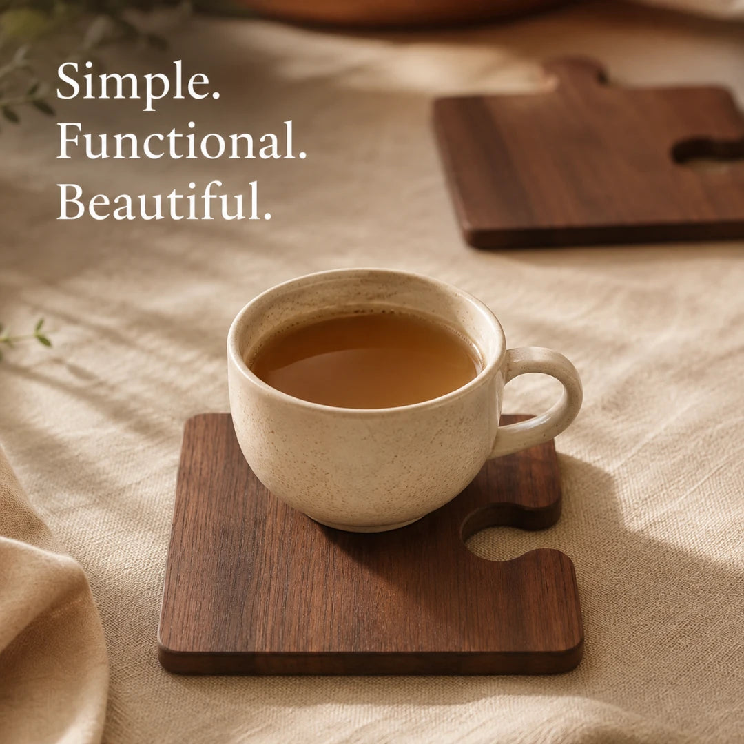 Josh & Tate - PuzzleDeck™ Wood Jigsaw Coasters - A ceramic cup filled with tea sits on a dark brown wooden coaster with a cutout handle, placed on a beige fabric surface. Another matching coaster is blurred in the background, with the words 'Simple.