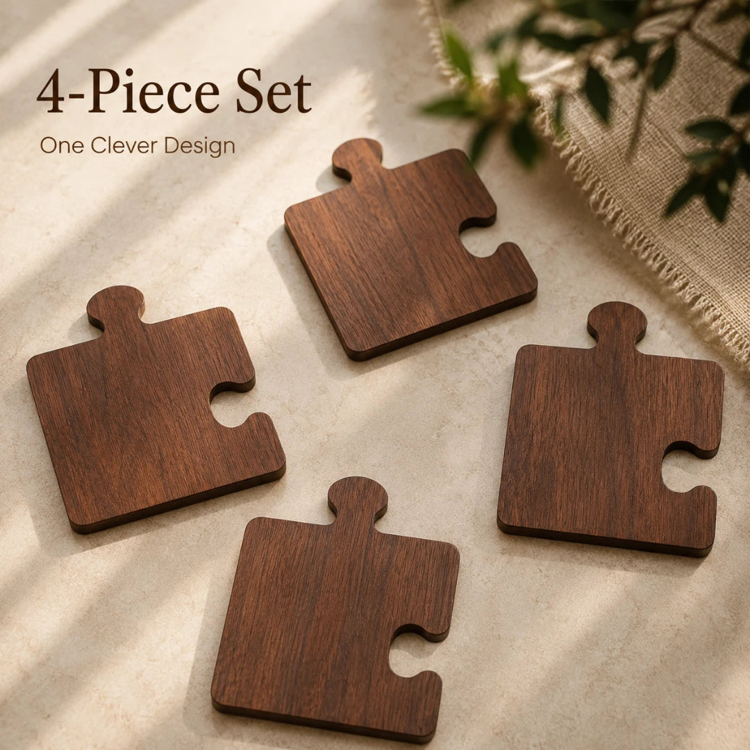 Josh & Tate - PuzzleDeck™ Wood Jigsaw Coasters - Four dark brown wooden puzzle-piece shaped coasters arranged on a light beige textured surface with soft shadows and decorative leaves in the corner. Text in the upper left reads '4-Piece Set' and 'One Clever Design'.