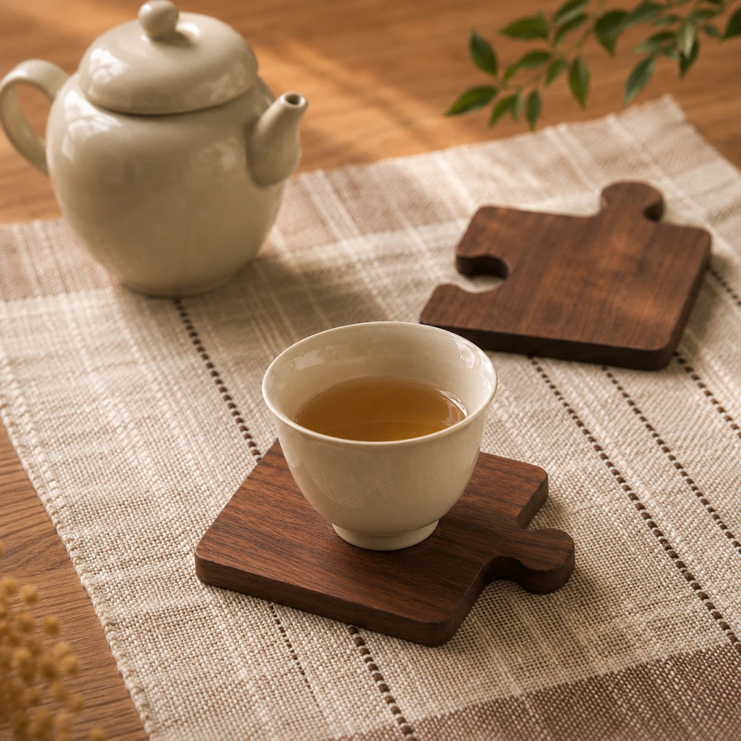 Josh & Tate - PuzzleDeck™ Wood Jigsaw Coasters - A ceramic teacup filled with tea sits on a dark wooden puzzle-shaped coaster, with a matching teapot and another coaster arranged on a woven placemat in a warm indoor setting.