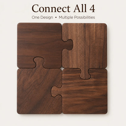 Josh & Tate - PuzzleDeck™ Wood Jigsaw Coasters - Four interlocking square wooden puzzle pieces with a dark brown wood grain finish, arranged in a 2x2 grid. Above the product, the text reads 'Connect All 4' with the subtext 'One Design • Multiple Possibilities' on a light beige background.