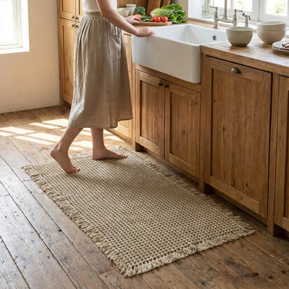 Person standing on a woven mat in a kitchen with wooden cabinets and a white sink.