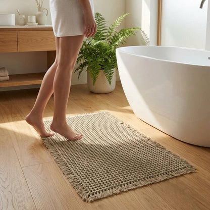 Person walking on a textured bath mat in a bathroom with a white bathtub and wooden cabinet.