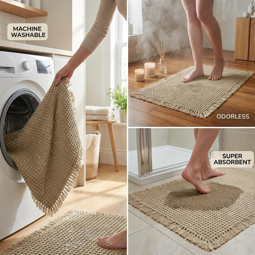 Collage of a jute rug being machine washed, placed on a wooden floor, and absorbing water.