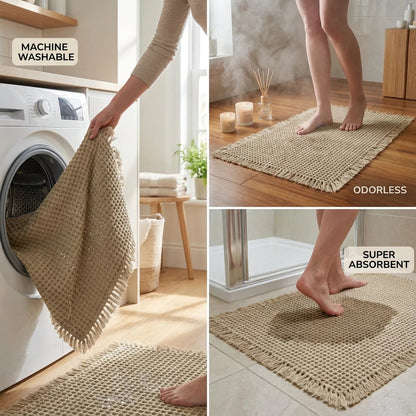 Collage of a jute rug being machine washed, placed on a wooden floor, and absorbing water.
