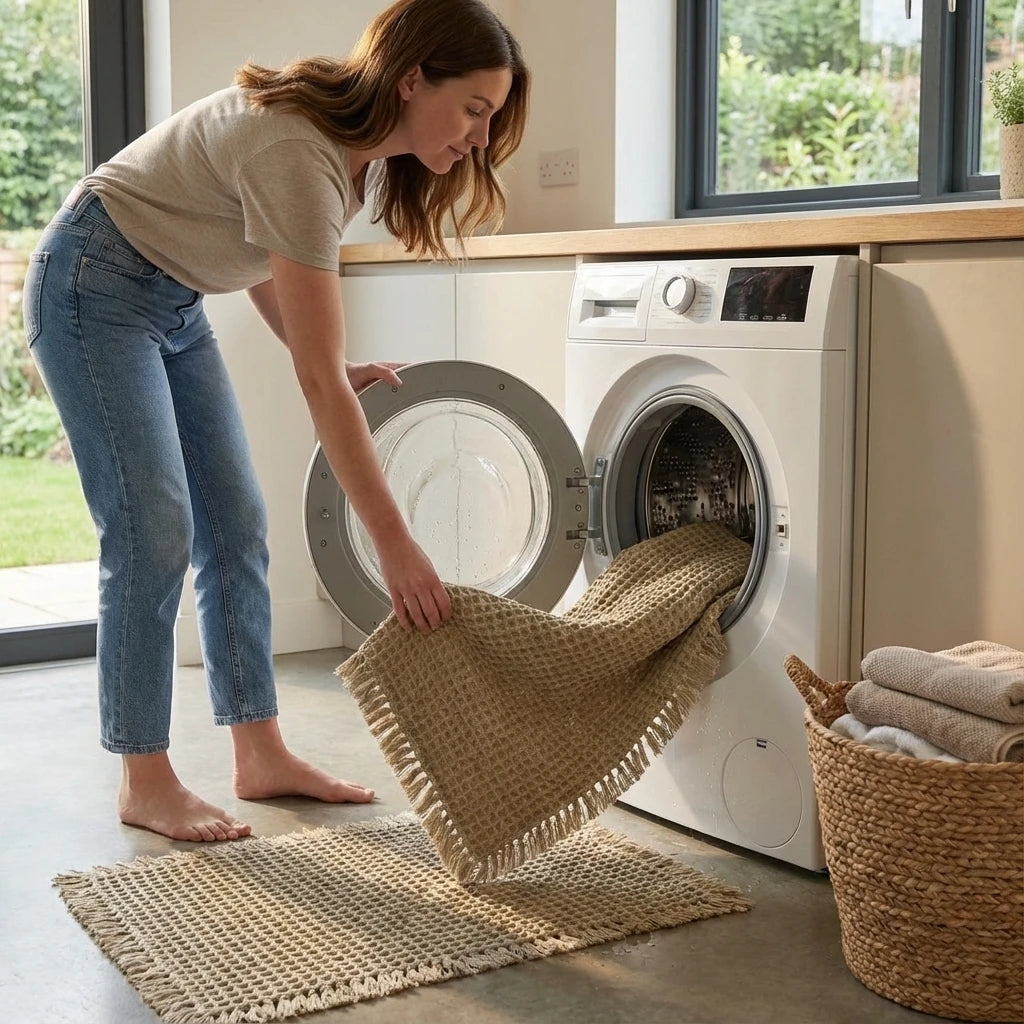 Woman placing a woven mat on the floor next to a washing machine in a bright laundry room.