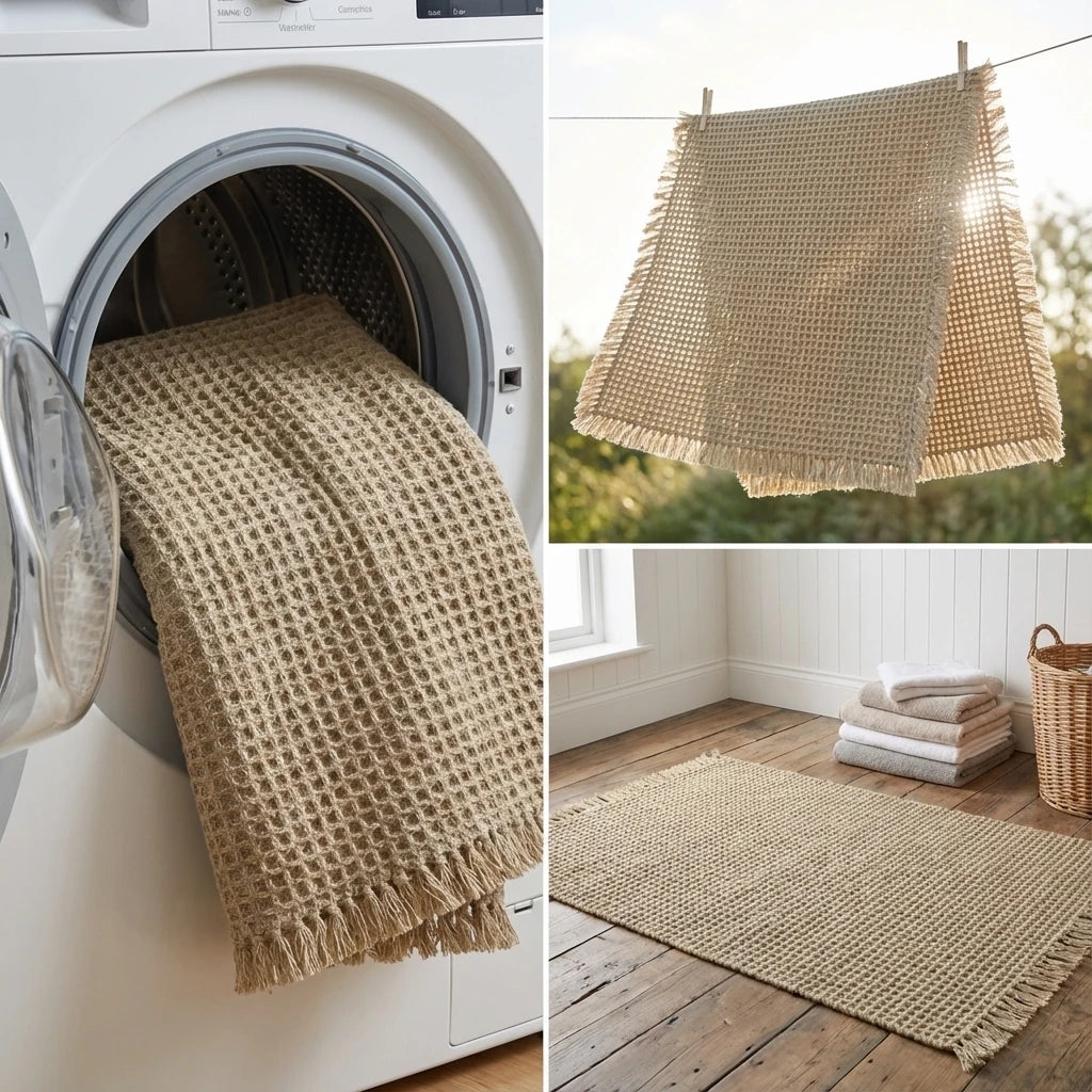 Collage of a woven blanket being dried inside a washing machine, hanging outdoors, and on a wooden floor.