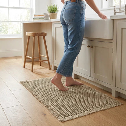 Person wearing blue jeans standing on a textured rug in a kitchen.