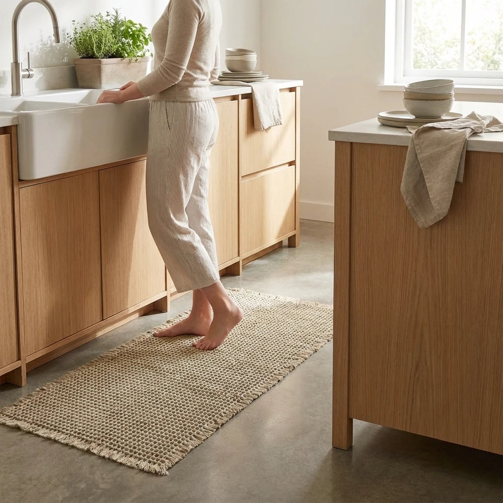 Person standing in a kitchen with wooden cabinets and a woven mat on the floor.