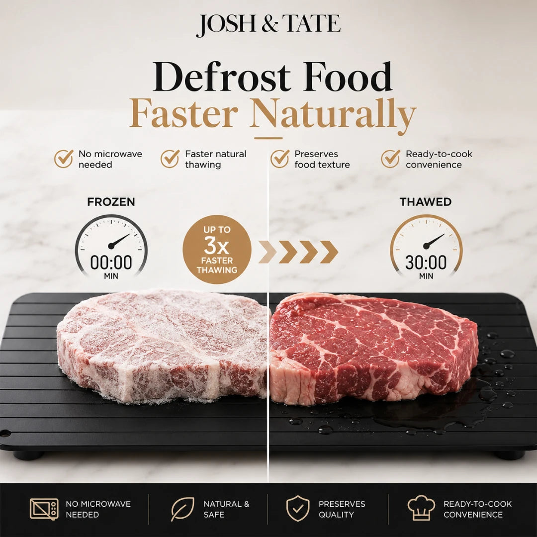 Josh & Tate - QuickThaw No-Power Defrost Tray - Defrosting food faster naturally with Josh & Tate product showing frozen and thawed meat.