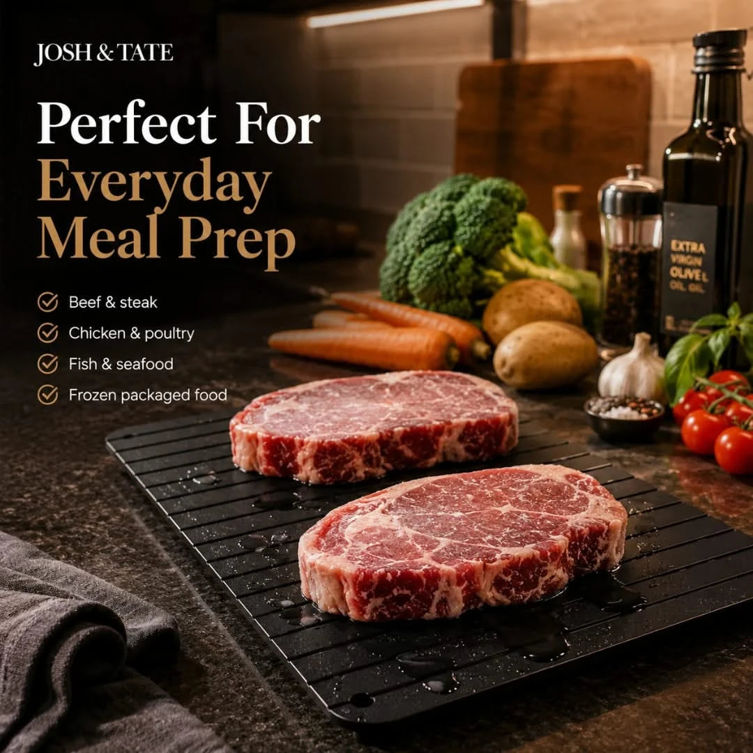 Josh & Tate - QuickThaw No-Power Defrost Tray - Two raw steaks on a cutting board with vegetables and kitchen items, featuring text about meal prep.