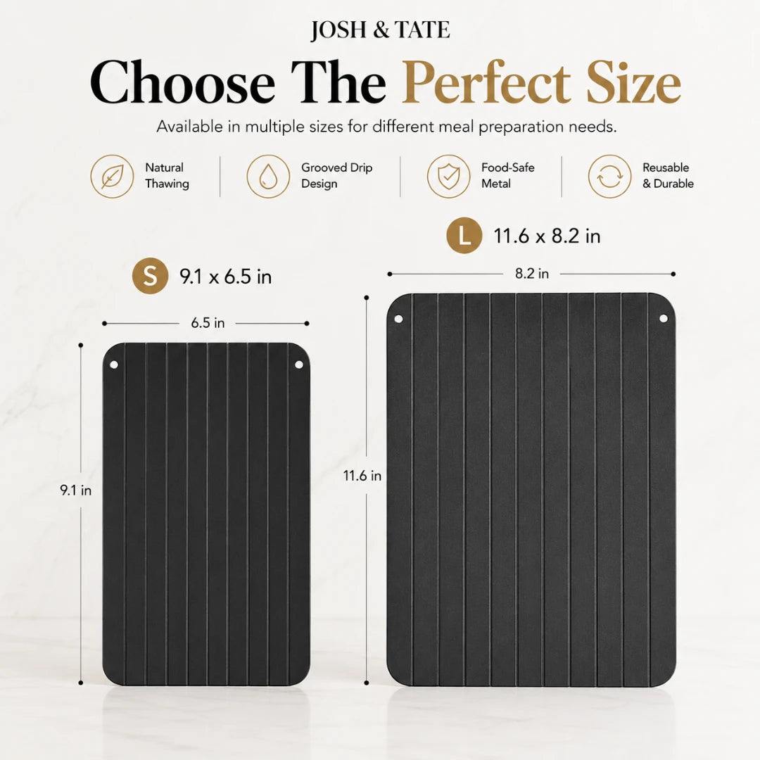 Josh & Tate - QuickThaw No-Power Defrost Tray - Two black mats with dimensions labeled, featuring the brand 'Josh & Tate'.