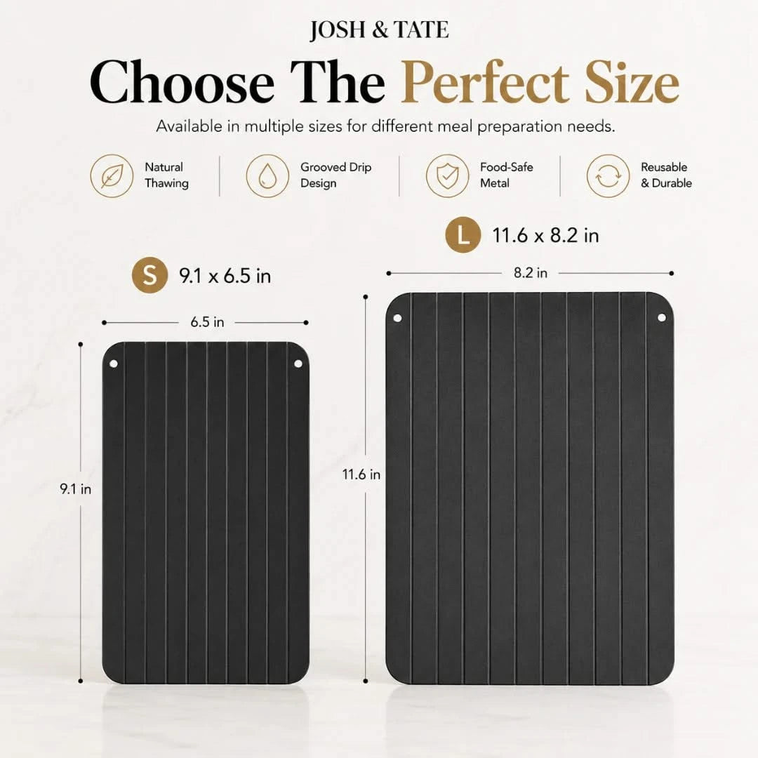 Josh & Tate - QuickThaw No-Power Defrost Tray - Two black mats with dimensions labeled, featuring the brand 'Josh & Tate'.