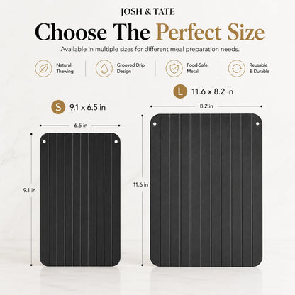 Josh & Tate - QuickThaw No-Power Defrost Tray - Two black mats with dimensions labeled, featuring the brand 'Josh & Tate'.