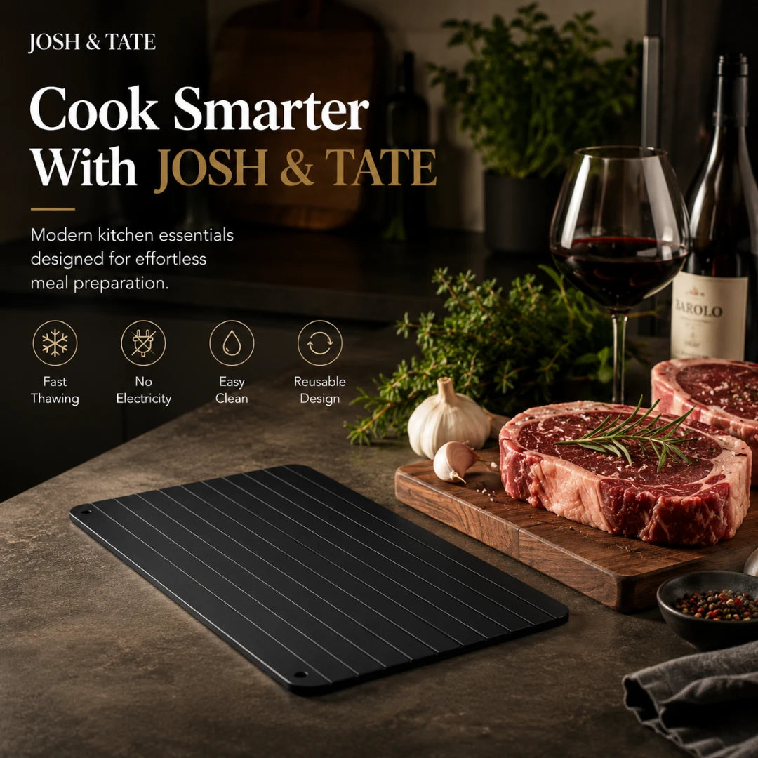 Josh & Tate - QuickThaw No-Power Defrost Tray - Cooking scene with a black cutting board, raw steak, and wine on a kitchen counter, featuring Josh & Tate branding.