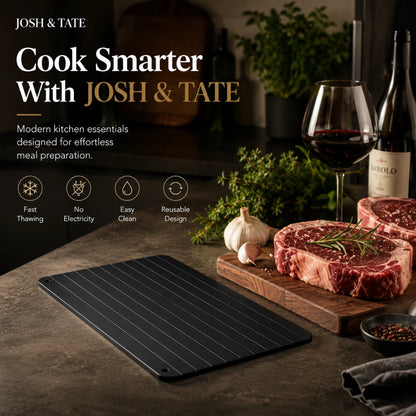 Josh & Tate - QuickThaw No-Power Defrost Tray - Cooking scene with a black cutting board, raw steak, and wine on a kitchen counter, featuring Josh & Tate branding.