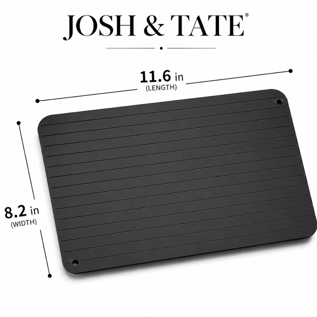 Josh & Tate - QuickThaw No-Power Defrost Tray - Black mat with dimensions labeled, featuring the brand 'Josh & Tate'.