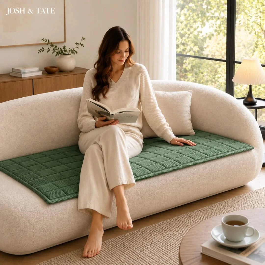 Josh & Tate - QuiltDrape™ Corduroy Sofa Cover - Woman reading a book on a couch with a green cushion, in a cozy living room setting.