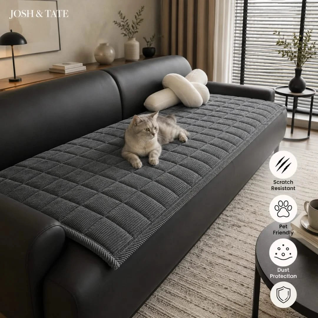 Josh & Tate - QuiltDrape™ Corduroy Sofa Cover - Gray quilted sofa cover on a black sofa with a cat sitting on it, in a living room setting.