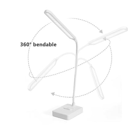 White LED desk lamp with a 360-degree bendable design on a white background