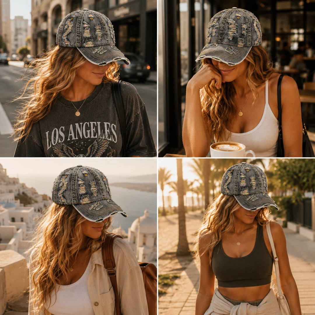Josh & Tate - RaggedRow™ Distressed Denim Cap - A four-panel collage showing a woman wearing a distressed denim baseball cap in outdoor settings. The top-left panel shows her wearing a dark graphic Los Angeles shirt on a city street.