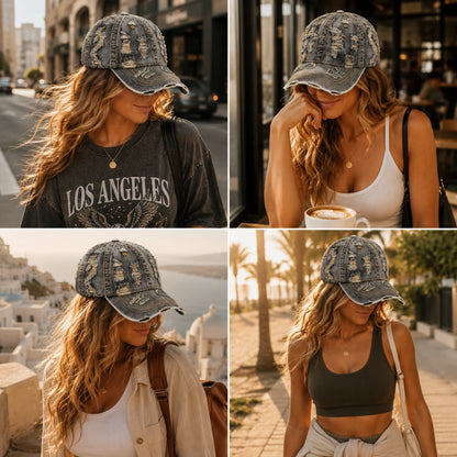 Josh & Tate - RaggedRow™ Distressed Denim Cap - A four-panel collage showing a woman wearing a distressed denim baseball cap in outdoor settings. The top-left panel shows her wearing a dark graphic Los Angeles shirt on a city street.