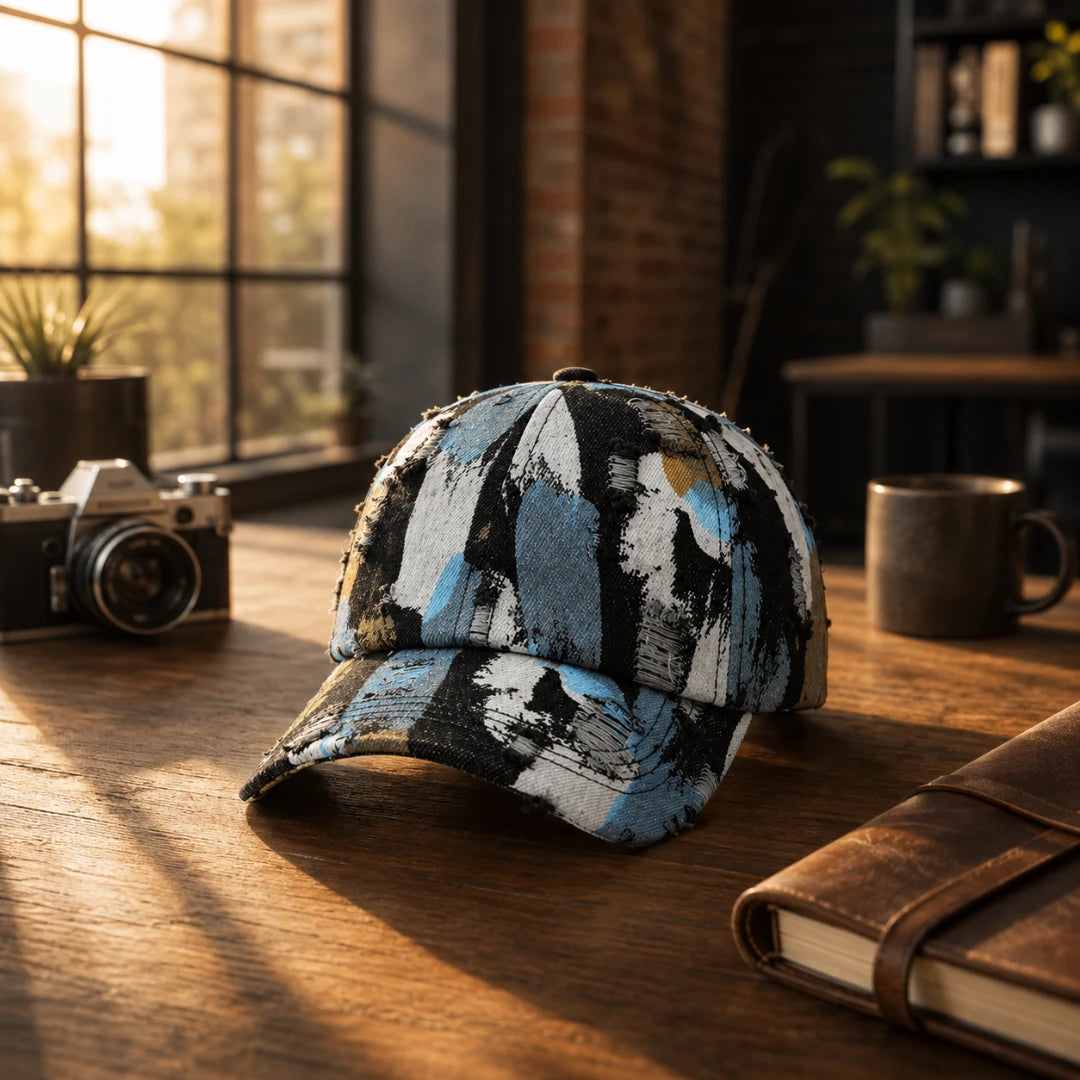 Josh & Tate - RawCanvas™ Painted Baseball Cap - A baseball cap with an abstract brushstroke pattern in black, white, and light blue sits on a wooden table in a warm, sunlit room with a camera, mug, and notebook nearby.
