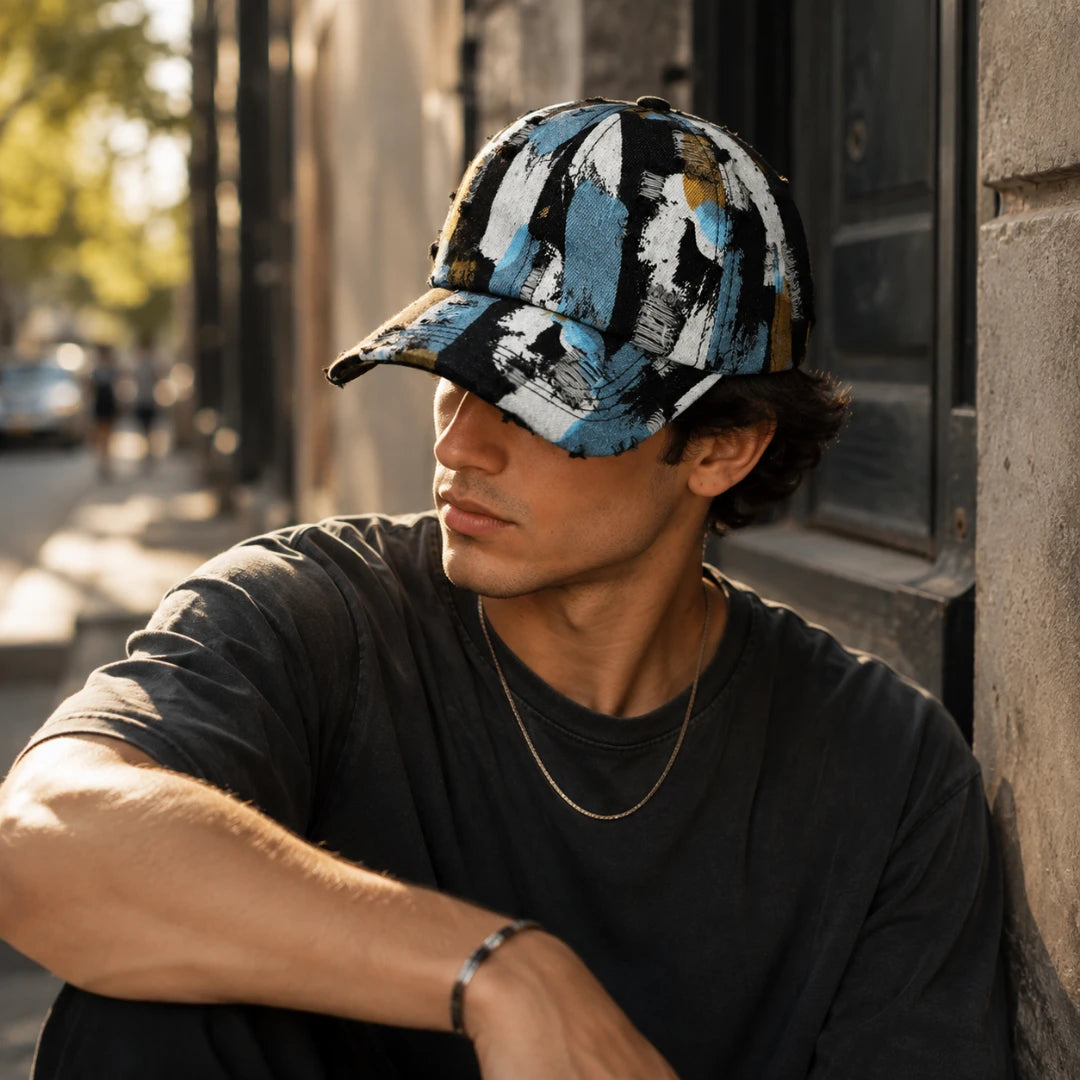 Josh & Tate - RawCanvas™ Painted Baseball Cap - A man wearing a black baseball cap with a blue, white, and beige abstract brushstroke pattern, leaning against a stone wall in an outdoor urban setting.