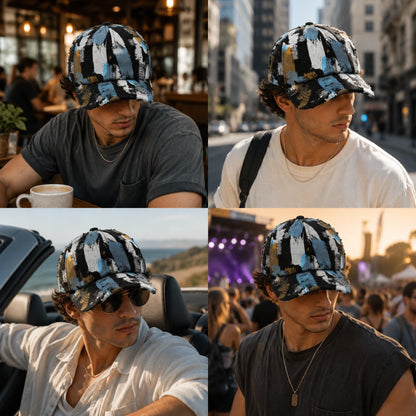 Josh & Tate - RawCanvas™ Painted Baseball Cap - A four-panel collage showing a man wearing the same baseball cap in different real-world settings: a cafe, a city street, a convertible car, and an outdoor concert or event. The cap has an abstract brushstroke pattern in black, white, light blue, and tan/gold tones.